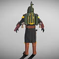 Futuristic Armored Character With Green Armor Yellow Accents Utility Belt And Brown Boots