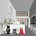 Stylish Modern Milk Tea Shop Interior Featuring Counter Shelves Green Plants And Wall Decor