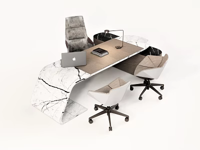 Modern Marble Office Desk with Laptop Desk Lamp Notebook and White Ergonomic Chairs 3d model
