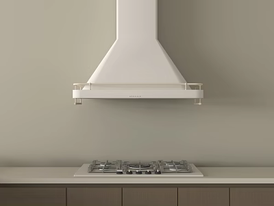 Modern Kitchen Interior With White Range Hood And Gas Cooktop On Sleek Countertop 3d model