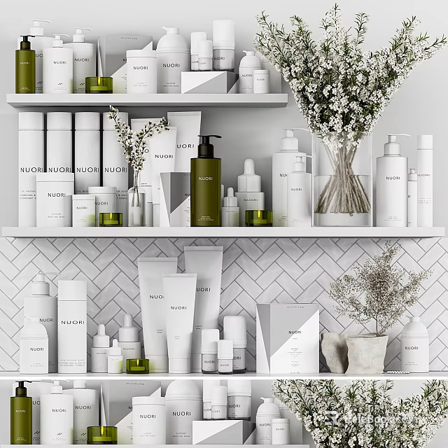 Stylish Bathroom Accessories Display With White Shelves Decorative Bottles And Green Plants 3d model 