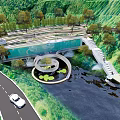 Waterfront Landscape With Winding Walkway Spiral Viewing Platform Lush Greenery And Illuminated Lighting