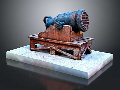 Ancient Rusty Cannon Weapon With Large Barrel On Wooden Display Stand 3d model