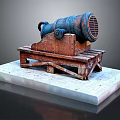 Ancient Rusty Cannon Weapon With Large Barrel On Wooden Display Stand