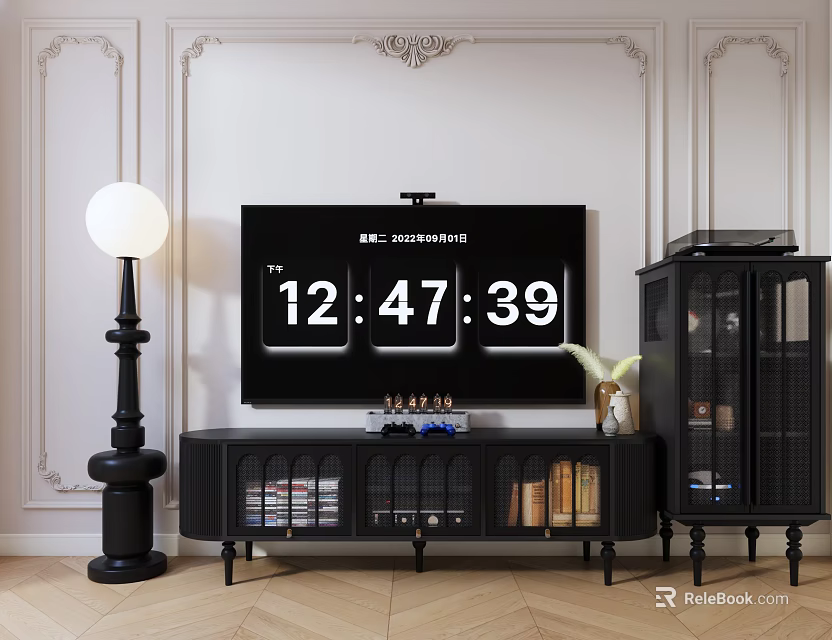 Classic Black TV Stand With Storage Shelves TV And Floor Lamp In Living Room 3d model 