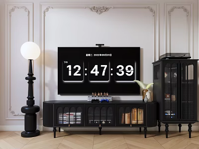 Classic Black TV Stand With Storage Shelves TV And Floor Lamp In Living Room 3d model
