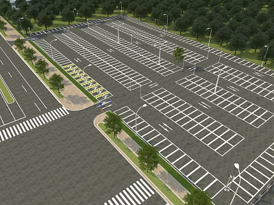 Large Modern Parking Lot With White Pavement Markings Street Lights And Trees 3d model