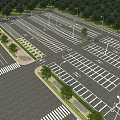Large Modern Parking Lot With White Pavement Markings Street Lights And Trees