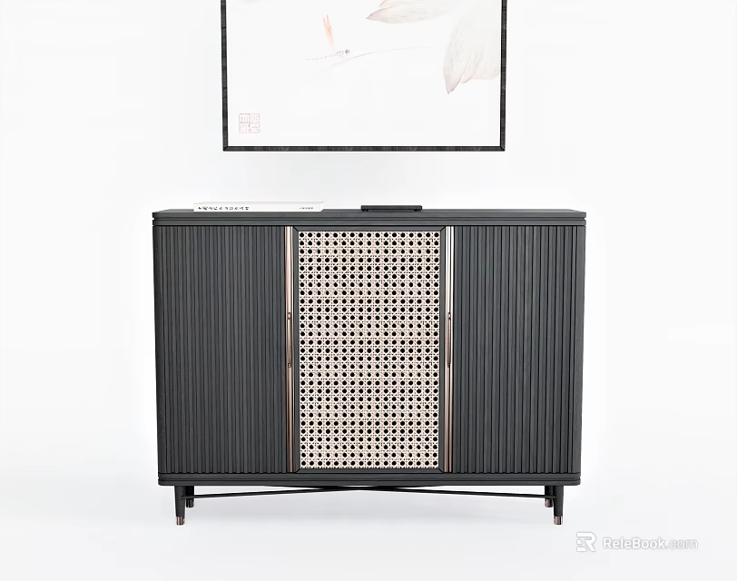 Modern Console Sideboard Cabinet With Black Rattan Door Vertical Slats And Decorative Painting 3d model 