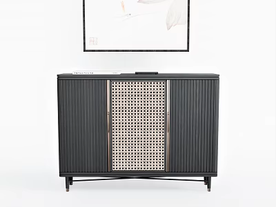 Modern Console Sideboard Cabinet With Black Rattan Door Vertical Slats And Decorative Painting 3d model