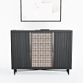 Modern Console Sideboard Cabinet With Black Rattan Door Vertical Slats And Decorative Painting