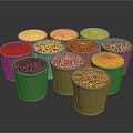 Various Colored Grains Arranged in Gray Woven Baskets on Black Background