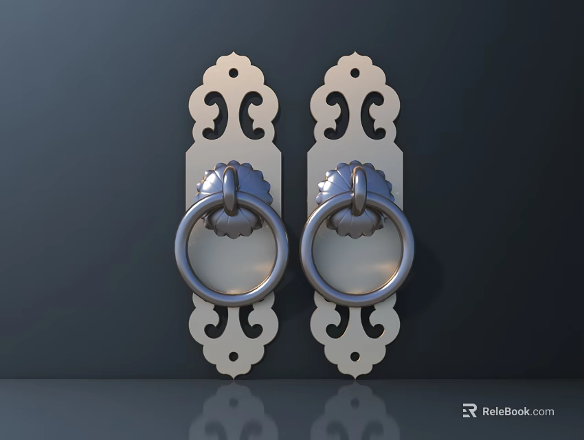 Decorative Metal Ring Handles with Intricate Cutout Patterns on White Base Plates against Dark Background 3d model 