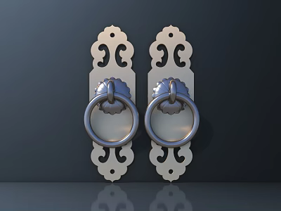 Decorative Metal Ring Handles with Intricate Cutout Patterns on White Base Plates against Dark Background 3d model