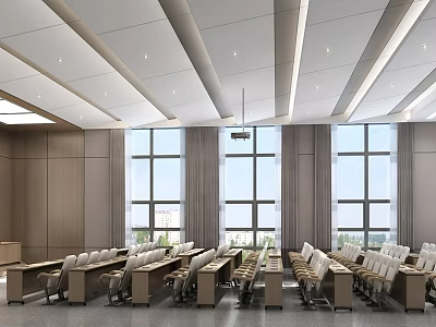Modern Conference Room With Arranged Tables Chairs Large Windows And Wooden Walls 3d model