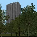 Modern High Rise Residential Building Surrounded by Green Trees Roads and Parking Lot