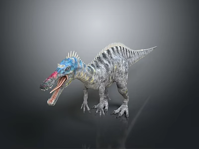 Realistic 3D Dinosaur Model With Open Mouth Blue Head Red Snout And Striped Body 3d model