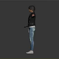 Man with Arms Outstretched Wearing Black Leather Jacket Gray T-shirt Blue Jeans White Sneakers
