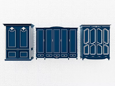 Three Blue Wardrobes with Ornate Carvings Classic Design and Paneled Doors 3d model