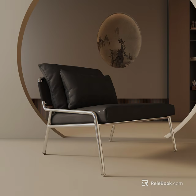 Modern Black Leather Leisure Chair With Sleek Silver Metal Frame And Circular Landscape Wall Art 3d model 