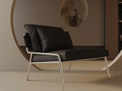 Modern Black Leather Leisure Chair With Sleek Silver Metal Frame And Circular Landscape Wall Art 3d model