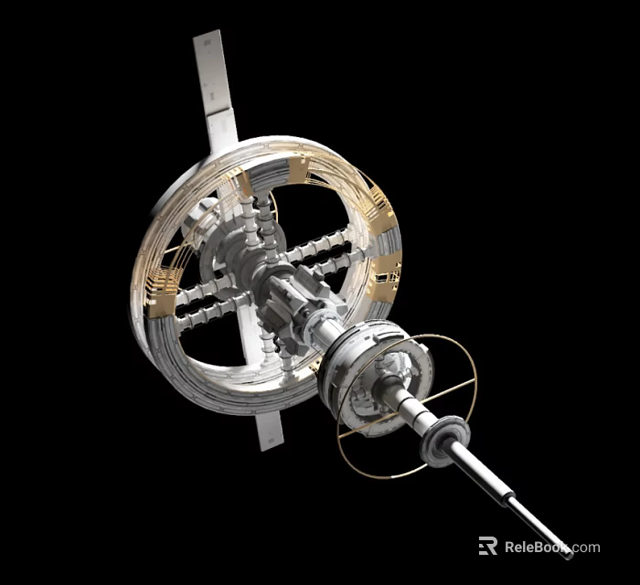 Cartoon Spacecraft Structure Scene With Metallic Ring Rod Design And Black Background 3d model