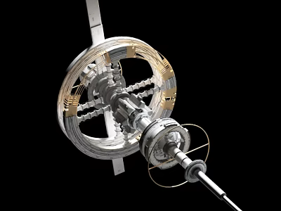 Cartoon Spacecraft Structure Scene With Metallic Ring Rod Design And Black Background 3d model