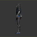 Hooded Masked Character In Gray Armor With Blue Accents Standing 3D Model Pose