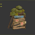 Stack of Green Stones on Wooden Crate with Blue Label Red Patterns and Small Sign