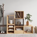 Modern Wooden Bookshelf Interior Design With Books Potted Plant Decorative Baskets And Storage Compartments