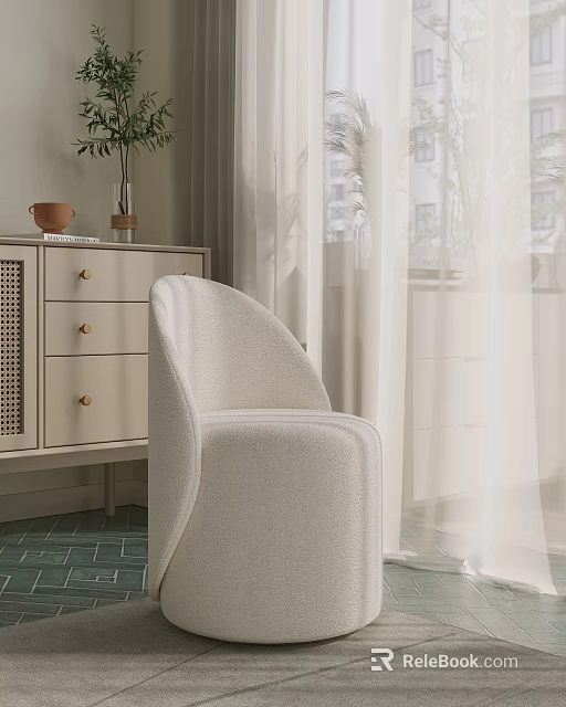 Beige Single Sofa In Cozy Fabric With Cabinet Plant Curtains And Natural Light Interior 3d model 