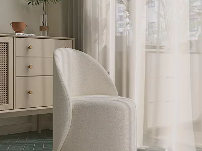 Beige Single Sofa In Cozy Fabric With Cabinet Plant Curtains And Natural Light Interior 3d model