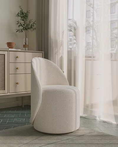 Beige Single Sofa In Cozy Fabric With Cabinet Plant Curtains And Natural Light Interior 3d model