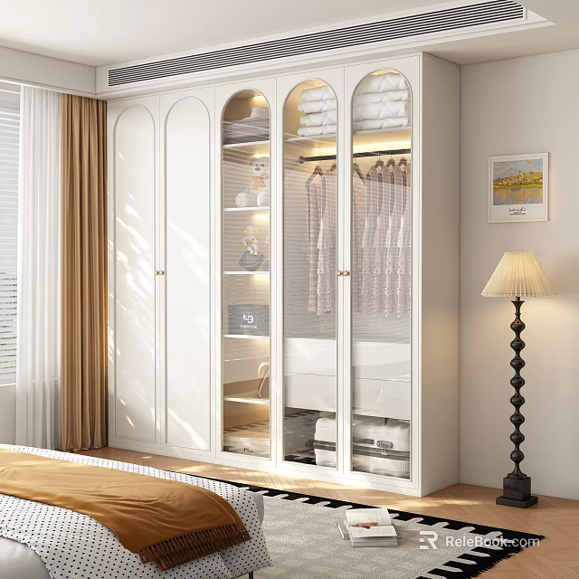 White Modern Wardrobe with Glass Doors for Hanging Clothes and Storage in Minimalist Bedroom Interior 3d model 