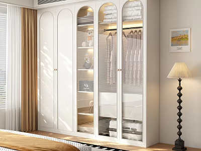White Modern Wardrobe with Glass Doors for Hanging Clothes and Storage in Minimalist Bedroom Interior 3d model
