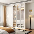 White Modern Wardrobe with Glass Doors for Hanging Clothes and Storage in Minimalist Bedroom Interior