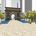 Modern Commercial Street Design With Tall Buildings Central Fountain And Greenery