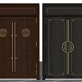 Elegant Traditional Double Doors With Dark Brown And Black Wooden Panels And Golden Circular Accents