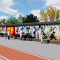 Scenic Wall with Colorful Murals Surrounded by Trees Blue Sky People Viewing Artworks on Pathway