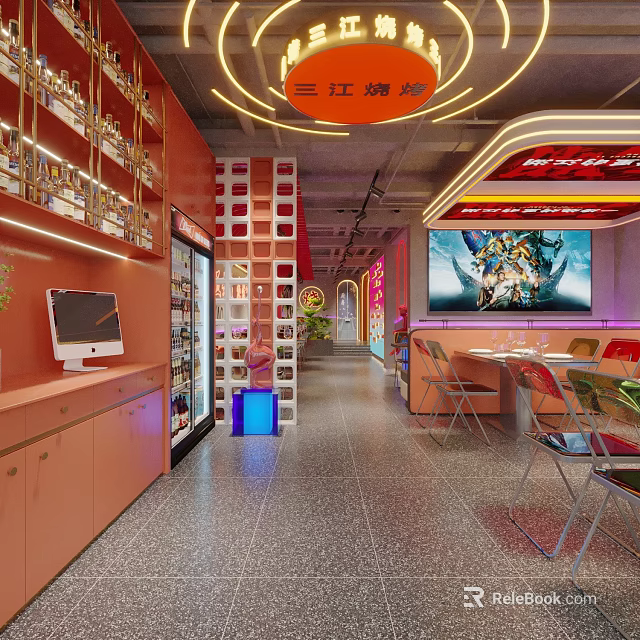 Modern Stylish Restaurant Interior With Neon Lights Red Walls Dining Tables And Display Shelves 3d model 