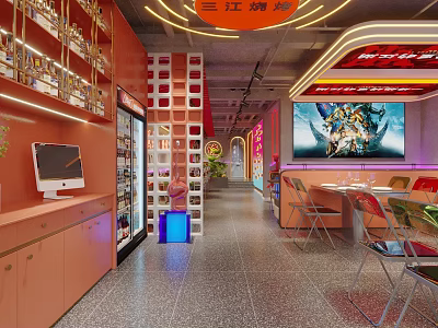 Modern Stylish Restaurant Interior With Neon Lights Red Walls Dining Tables And Display Shelves 3d model