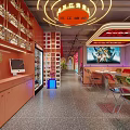 Modern Stylish Restaurant Interior With Neon Lights Red Walls Dining Tables And Display Shelves