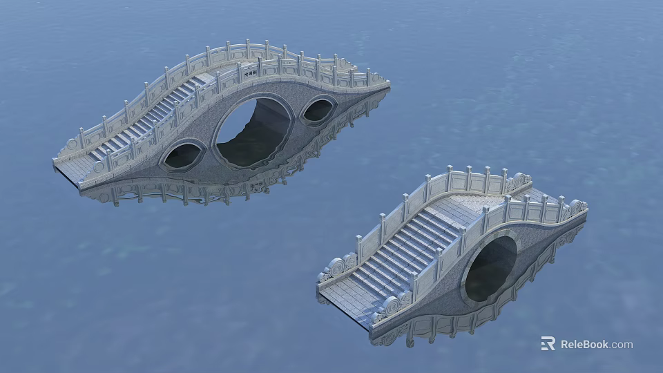 Traditional Stone Arch Bridge With Steps And Reflection On Calm Water 3d model 