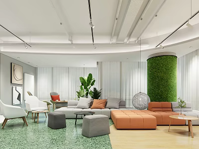 Modern Cozy Lounge Area With Green Plant Wall Sofa And Round Decorative Lamp 3d model