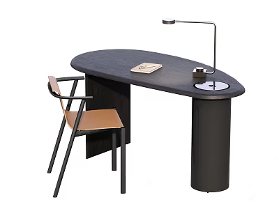 Modern Oval Office Desk With Stylish Lamp Notebook And Wooden Chair 3d model