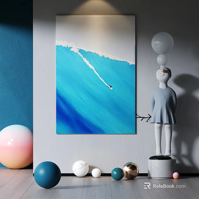 Artistic Interior Decor With Blue Abstract Painting White Sculpture And Colorful Orbs 3d model 