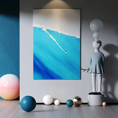 Artistic Interior Decor With Blue Abstract Painting White Sculpture And Colorful Orbs 3d model