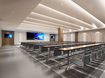 Modern Conference Room With Large Screens Tables And Chairs In Grid Ceiling Design 3d model