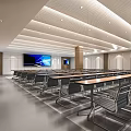 Modern Conference Room With Large Screens Tables And Chairs In Grid Ceiling Design
