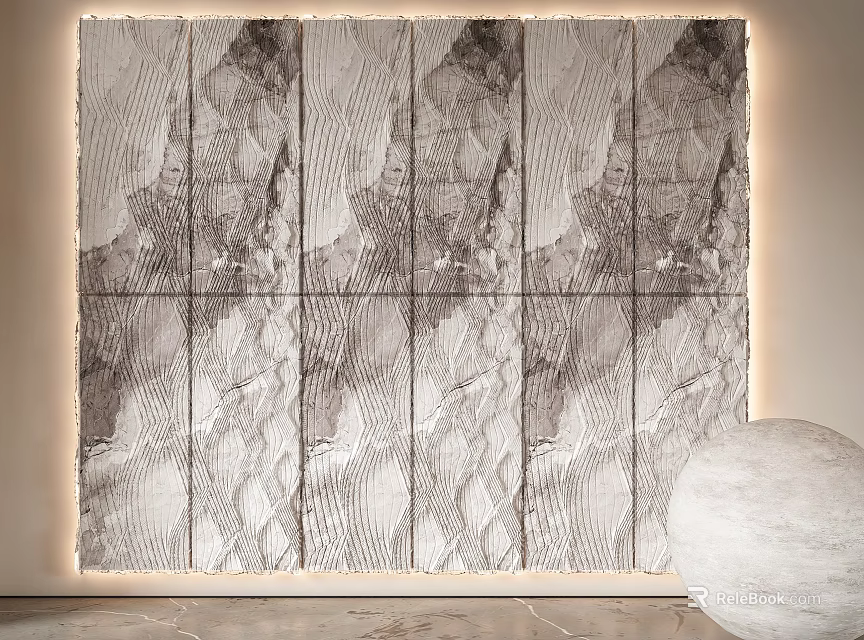 Interior Textured Stone Panel Feature Wall With Backlighting And Decorative Sphere 3d model 